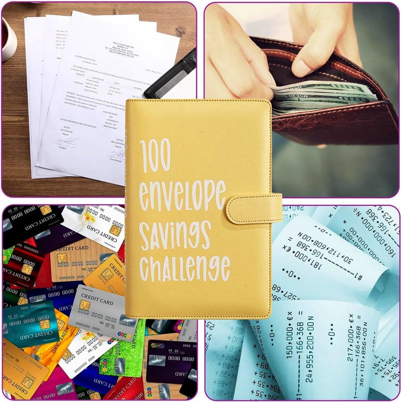 AASLOB 100 Envelopes Money Saving Challenge, 100 Envelope Challenge Binder, Easy and Fun Way to Save $5,050, Savings Challenges Budget Book Binder with Cash Envelopes for Office,Home,School (Yellow) - Image 4